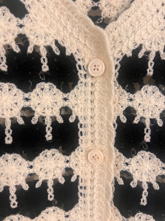 Black and Cream Crocheted V-Neck Cardigan Sweater - Picture 2 of 3